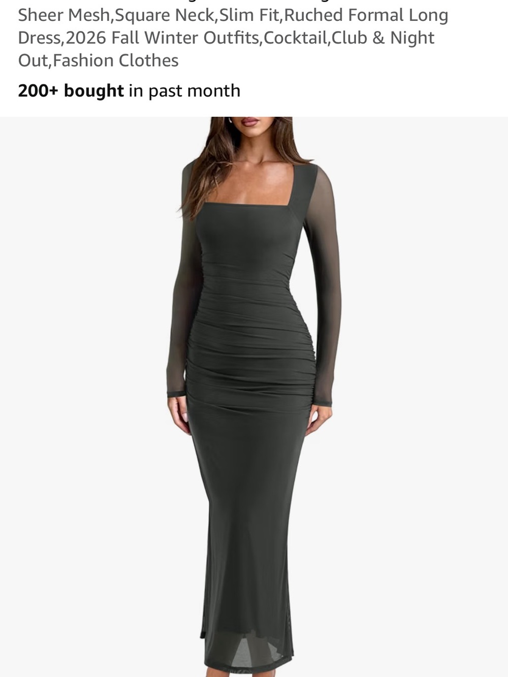 Sheer Mesh Square Neck Slim Fit Long Dress - Black